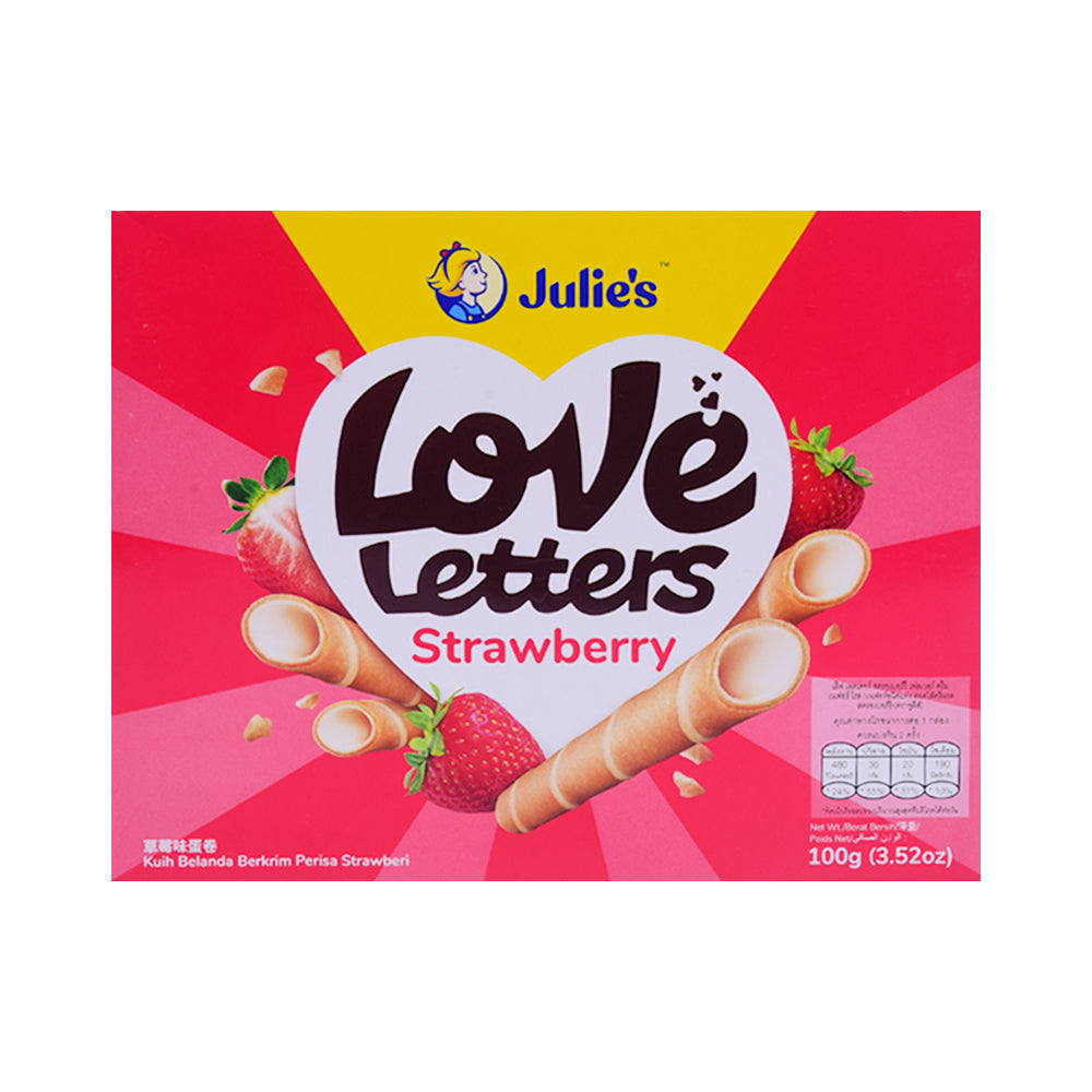 JULIES LOVE LETTERS WAFER CREAM ROLLS STRAWBERRY 100 GM