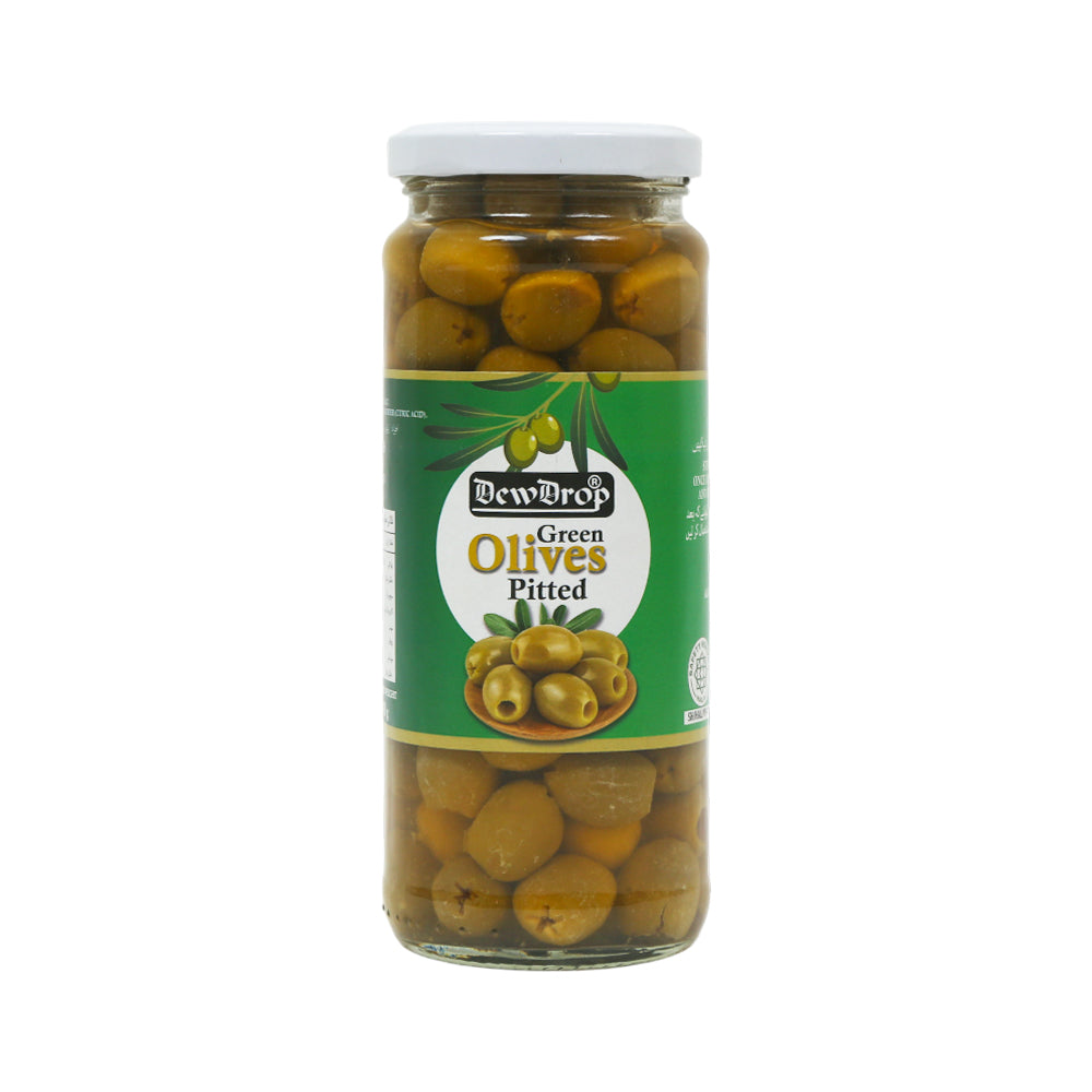 DEW DROPS GREEN OLIVES PITTED 340 GM