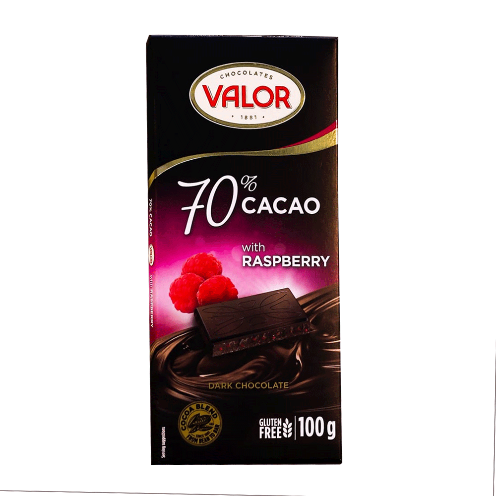 VALOR DARK CHOCOLATE 70% CACAO WITH RASPBERRY 100 GM – Al-Fatah