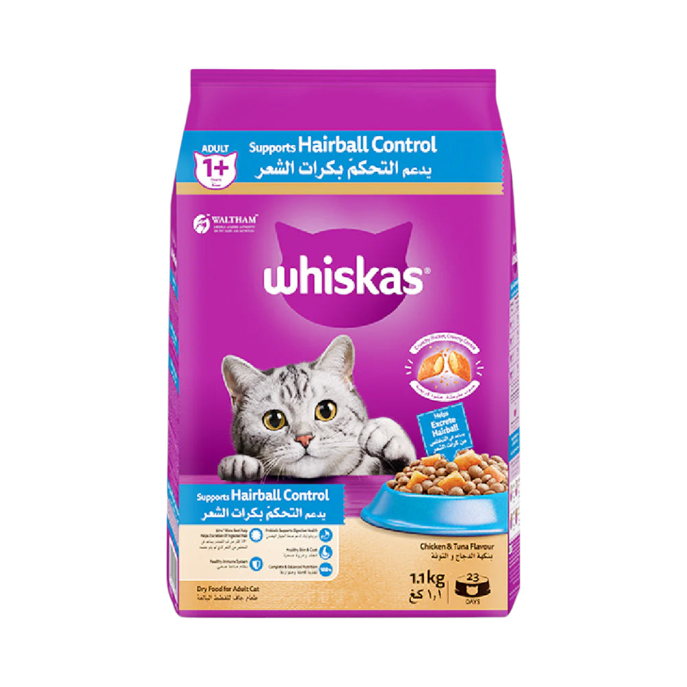 WHISKAS CAT FOOD ADULT CHICKEN TUNA & HAIRBALL 1+YEAR 1.1 KG