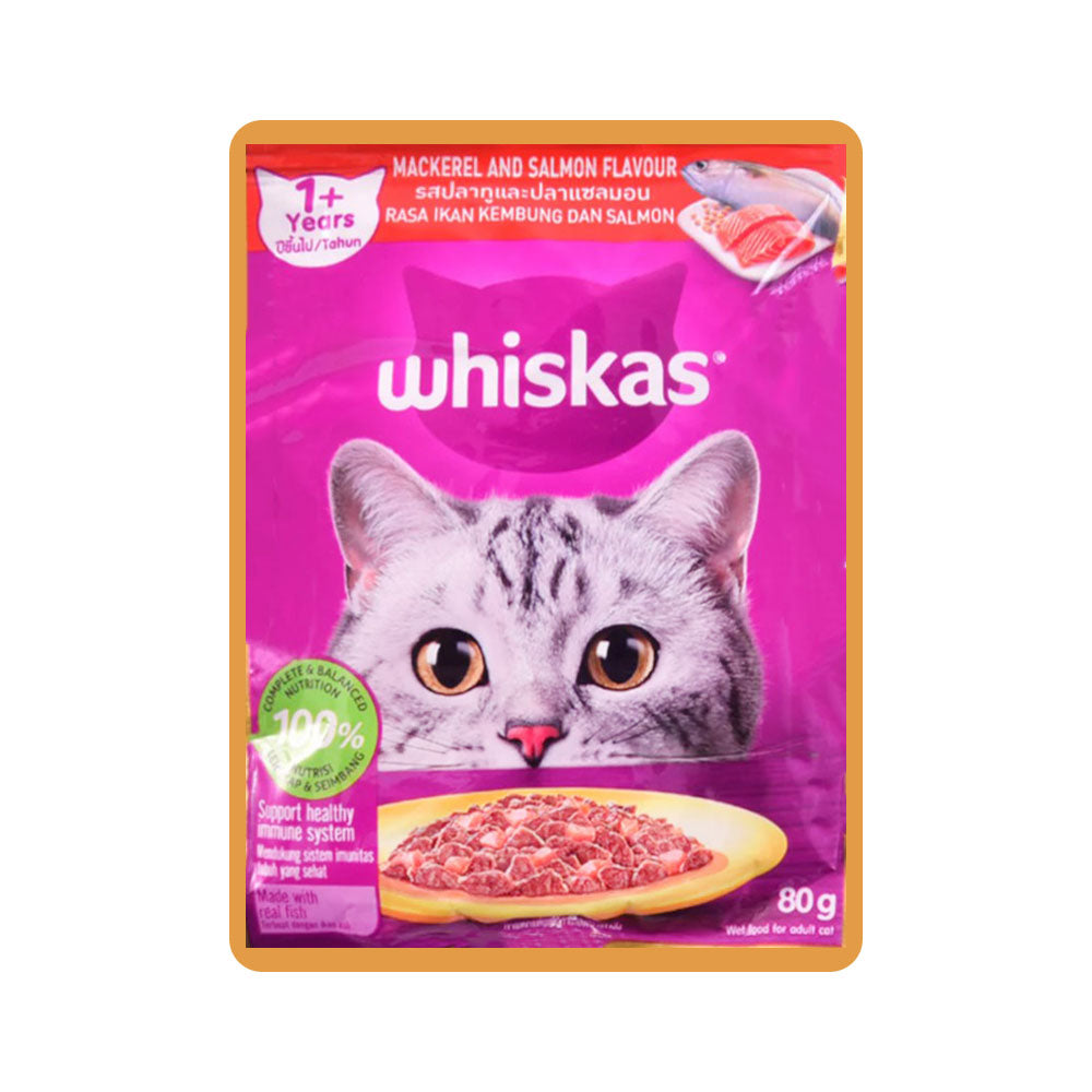 WHISKAS CAT FOOD MACKEREL SALMON FLAVOUR 1+YEAR POUCH 80 GM