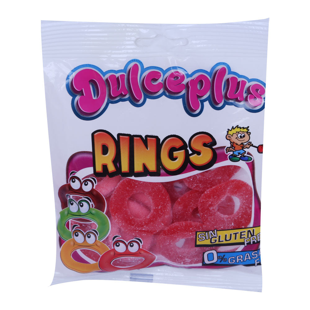 DULCEPLUS JELLY SOUR STRAWBERRY RINGS GLUTEN FREE 100 GM