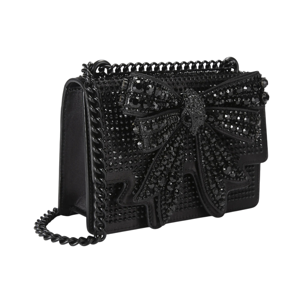 KURT GEIGER SMALL SHOREDITCH BLACK BOW SATIN BAG