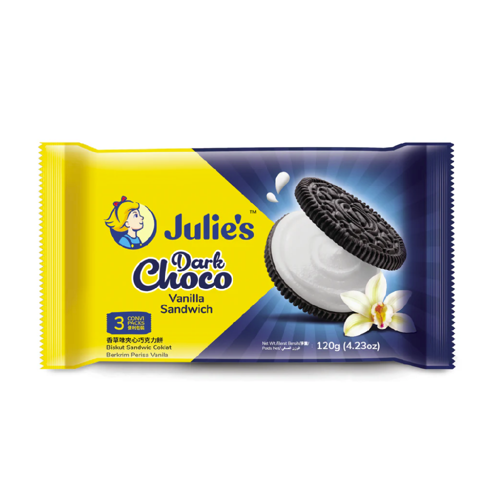 JULIES DARK CHOCO VANILLA SANDWICH BISCUITS 120 GM
