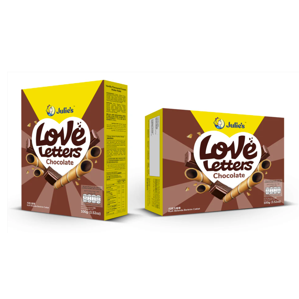 JULIES LOVE LETTERS WAFER CREAM ROLLS CHOCOLATE 100 GM