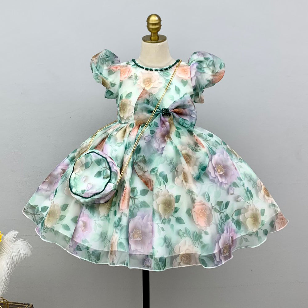 GIRLS CAP SLEEVE FANCY FROCK WITH PURSE IR-25 12-18M VA1012